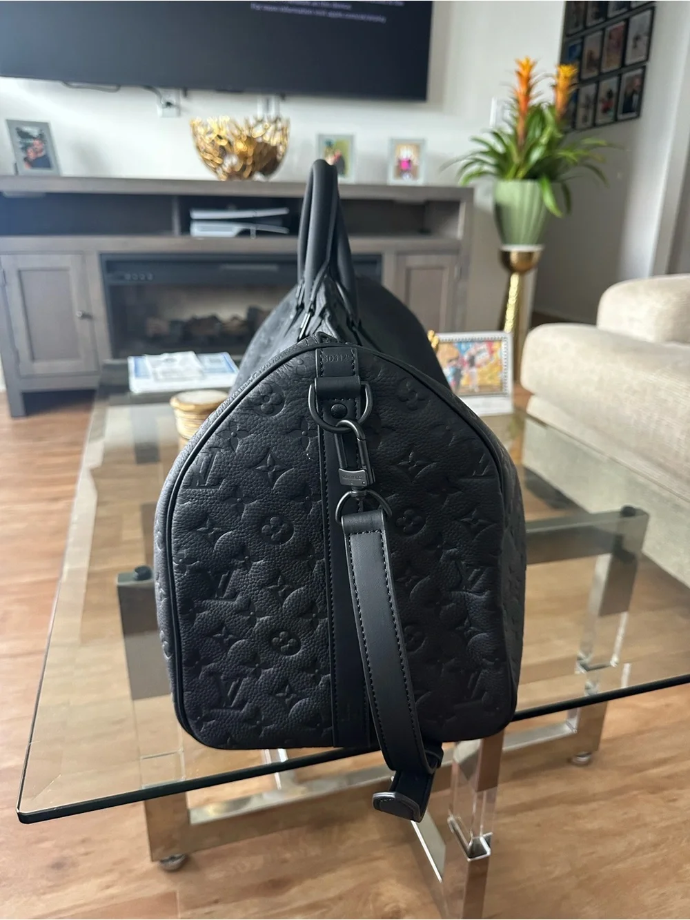 Black Embossed Leather Weekender Duffel Bag - Luxury Style